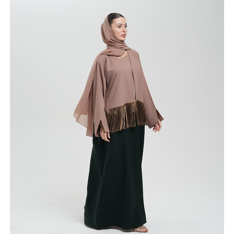 Beige and Deep green abaya